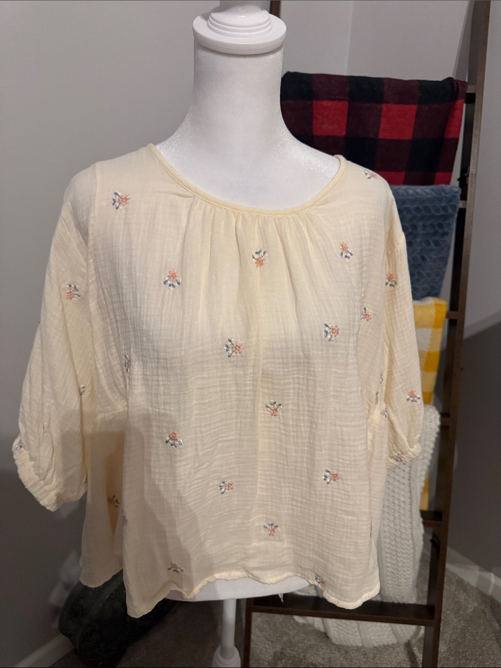 HYFVE Cream Embroidered Gauze Peasant Blouse